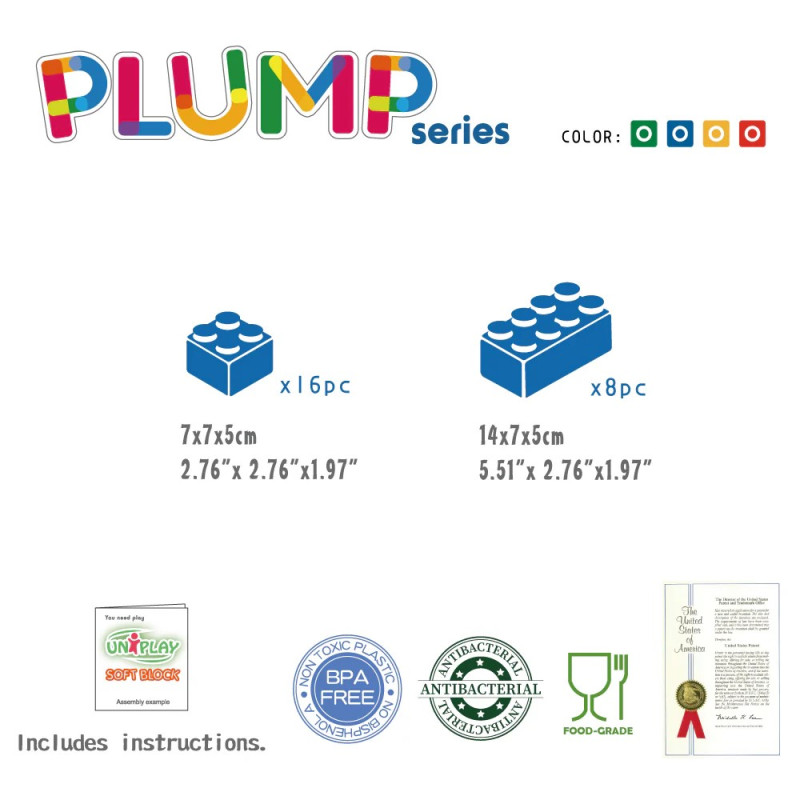 Afmeting Uniplay blokken. Plump series. Zacht materiaal, makkelijk shoon te maken Afmeting Uniplay blokken. Plump series. Zacht materiaal, makkelijk shoon te maken