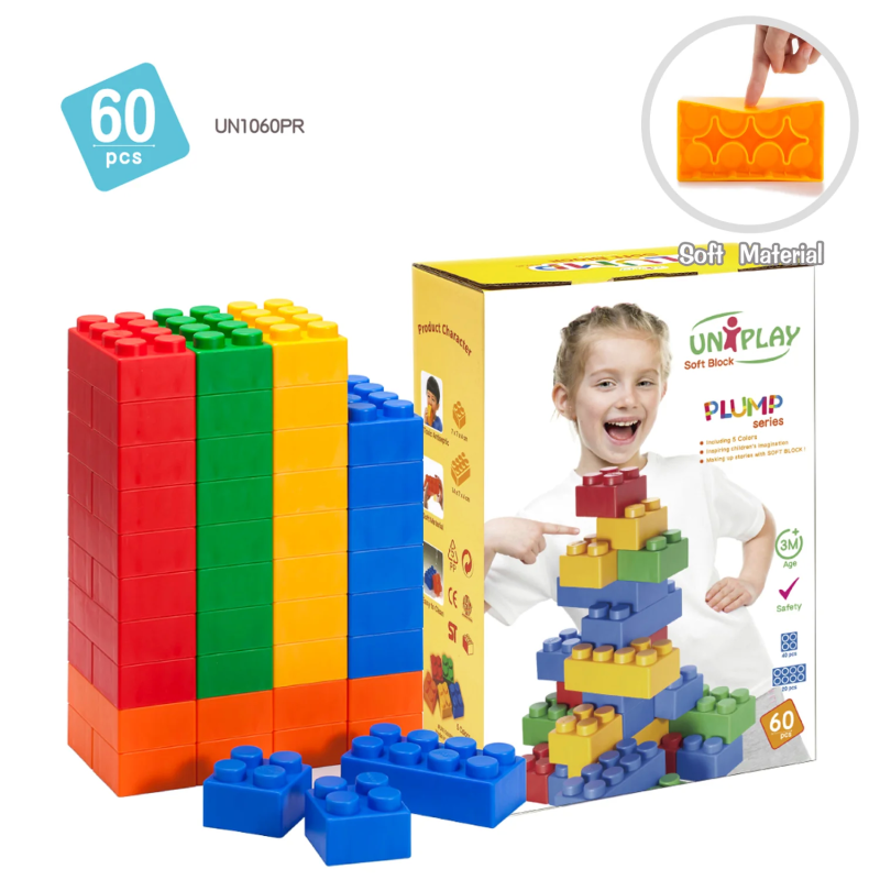 Einzigartige weiche Bausteine aus antibakteriellem Material, sicher für Babys ab 3 Jahren.