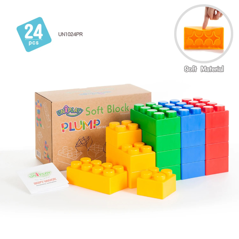 Einzigartige weiche Bausteine aus antibakteriellem Material, sicher für Babys ab 3 Jahren.